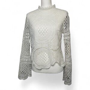 ♡ It's Pink Western Boho Lace L Blouse White Cottagecore Scallop Hem High Neck ♡